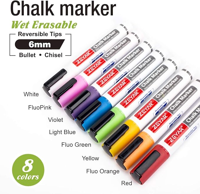 ZEYAR Liquid Chalk Marker-Wet Erase Marker, 6mm Reversible Tip-Bullet or Chisel, 8 Colors, Large Capacity, Writes on Nonporous Chalkboards, Bistro Boards, Windows and Plastic (8 Basic Colors)-DeskLoop Office