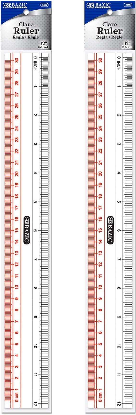 BAZIC Plastic Clear Ruler 12" (30cm), Inches Centimeter Metric Measuring Drafting Rulers, for Students School Supplies, 2-Pack-DeskLoop Office