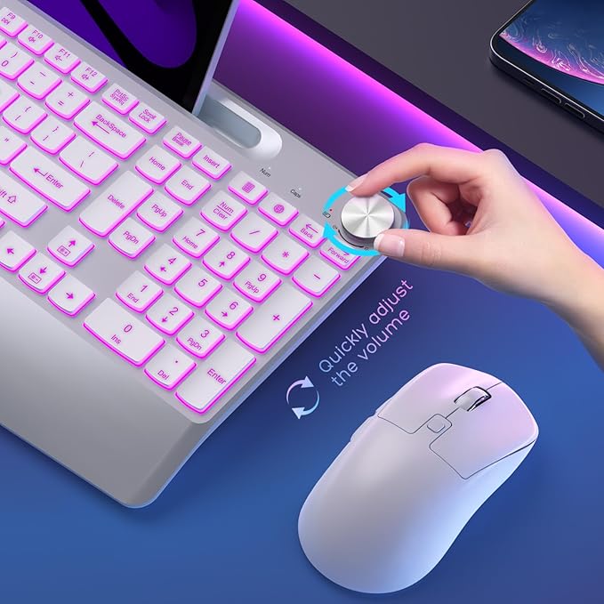 Wireless Keyboard and Mouse Backlits - Full-Sized Ergonomic Lighted Keyboard with Wrist Rest, Phone Holder,2.4GHz Rechargeable Silent Keyboard Mouse Combo for Computer, Laptop, PC, Mac -White-DeskLoop Office