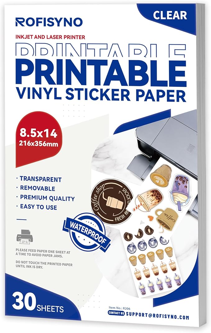 8.5x14 Printable Vinyl Sticker Paper Waterproof, Removable Self Adhesive Vinyl Sticker Sheets for Inkjet and Laser printer, 30 Pack, Legal Size, Milky Transparency-DeskLoop Office