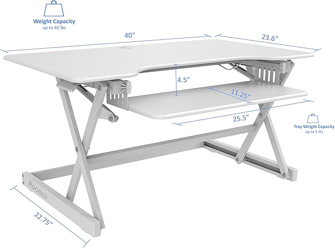 Rocelco 40" Large Height Adjustable Standing Desk Converter - Quick Sit Stand Up Dual Monitor Riser - Gas Spring Assist Computer Workstation - Retractable Keyboard Tray - White (R DADRW-40)-DeskLoop Office
