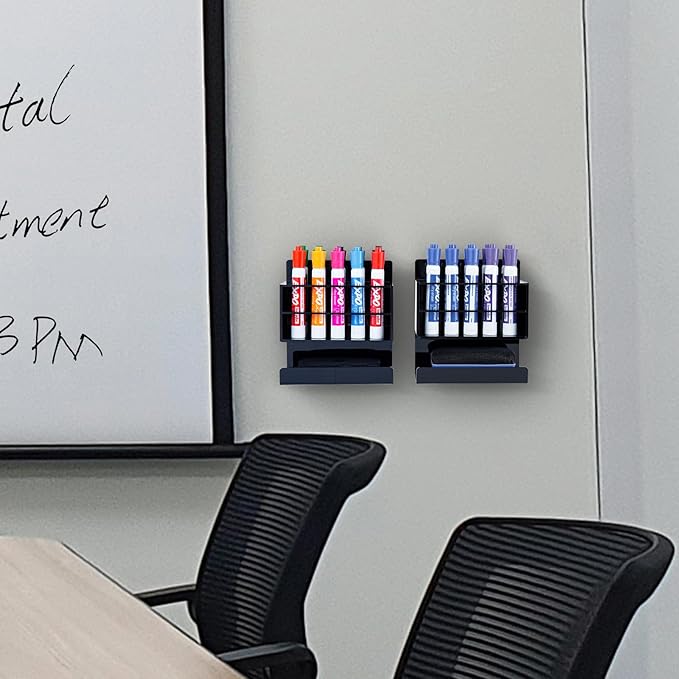 MyGift Wall Mounted Dry Erase Whiteboard Marker Holder Stand with 10 Marker Slots and Eraser Holder, Black Set of 2-DeskLoop Office