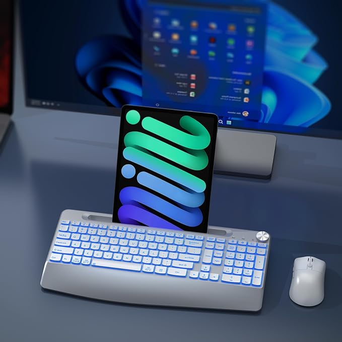 Wireless Keyboard and Mouse Backlits - Full-Sized Ergonomic Lighted Keyboard with Wrist Rest, Phone Holder,2.4GHz Rechargeable Silent Keyboard Mouse Combo for Computer, Laptop, PC, Mac -White-DeskLoop Office