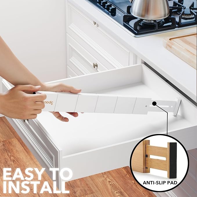 SpaceAid Bamboo Drawer Dividers with Inserts and Labels, Kitchen Adjustable Drawer Organizers, Expandable Organization for Home, Office, Dressers, 10 Dividers with 24 Inserts (17"-22" White)-DeskLoop Office