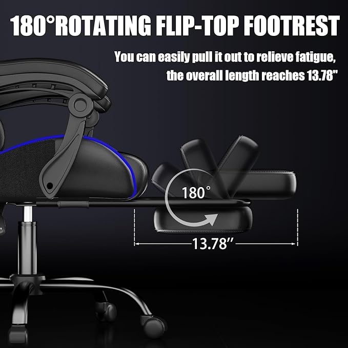 Gaming Chair, Ergonomic Office Computer Chair with Footrest and Lumbar Support Massager Racing Style High Back Video Gamer Chair, Wide&Thick Cushion, 90°-135° Recline, Adjustable Height, Blue-DeskLoop Office