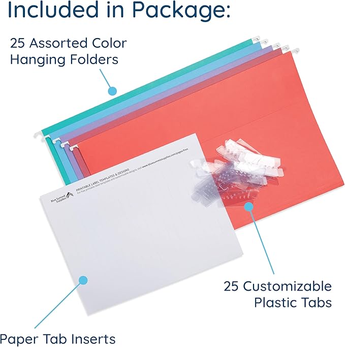 25 Blue Summit Supplies Legal Size Hanging File Folders - Assorted Gem Tone Colors (Turquoise, Teal, Coral, Purple, Magenta), Durable 11pt Paper, Plastic Tabs and Inserts Included-DeskLoop Office