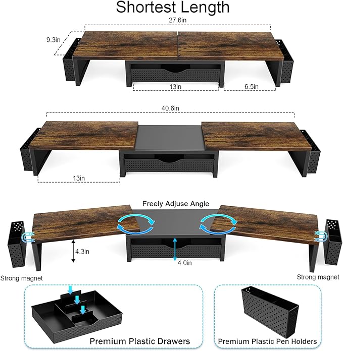gianotter Dual Monitor Stand Riser, Desk Organizer With Drawer and 2 Pen Holders,Computer Monitor Stand, Desk Shelf for Top of Desk, Wood-DeskLoop Office