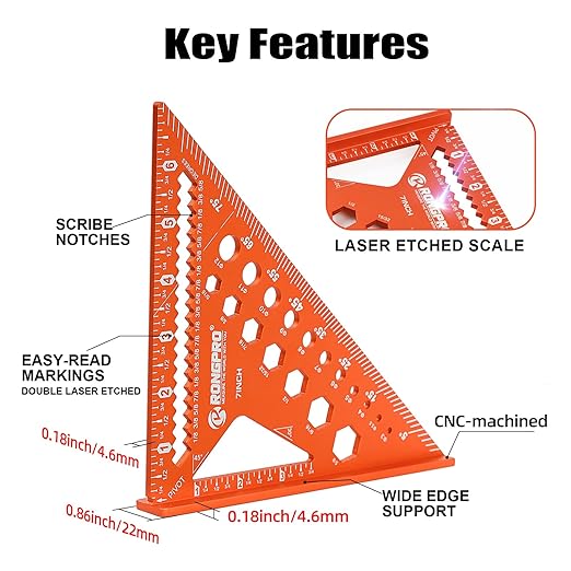 6-in-1 Carpenter Square 7 inch, Aluminum Rafter Square, Multi-Purpose Carpenter Tools : Wrench, Square, Protractor, Ruler, Marking Gauge, Drill Gauge, Includes 2pcs Carpentry Pencil (Champange)-DeskLoop Office