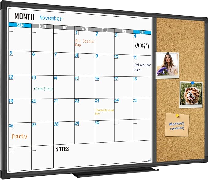 XBoard Dry Erase Calendar Whiteboard 28 X 20 - Combo White Board Calendar Monthly, Magnetic White Board + Corkboard with Black Aluminum Frame-DeskLoop Office