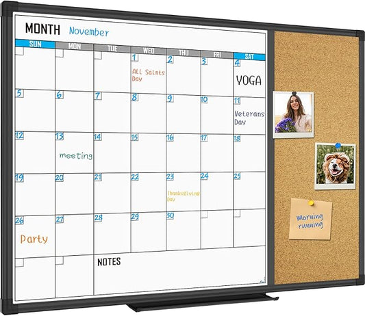 XBoard Dry Erase Calendar Whiteboard 28 X 20 - Combo White Board Calendar Monthly, Magnetic White Board + Corkboard with Black Aluminum Frame-DeskLoop Office