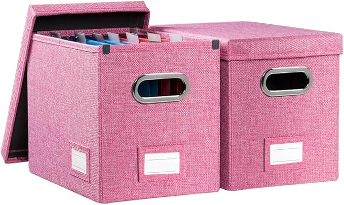 PRANDOM File Organizer Box - Set of 2 Collapsible Decorative Linen Filing Storage Hanging File Folders with Lids Office Cabinet Letter Size Pink (14x9.3x10.8 inch)-DeskLoop Office
