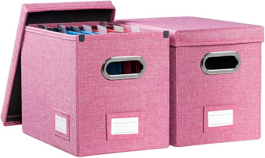 PRANDOM File Organizer Box - Set of 2 Collapsible Decorative Linen Filing Storage Hanging File Folders with Lids Office Cabinet Letter Size Pink (14x9.3x10.8 inch)-DeskLoop Office