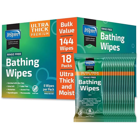 Inspire Ultra Thick Rinse Free Body Wash Wipes, Bathing Wipes, Shower Wipes - Rinse Free Wet Wipes, Thick Strong Extra Large With Aloe Vera Enriched-DeskLoop Office
