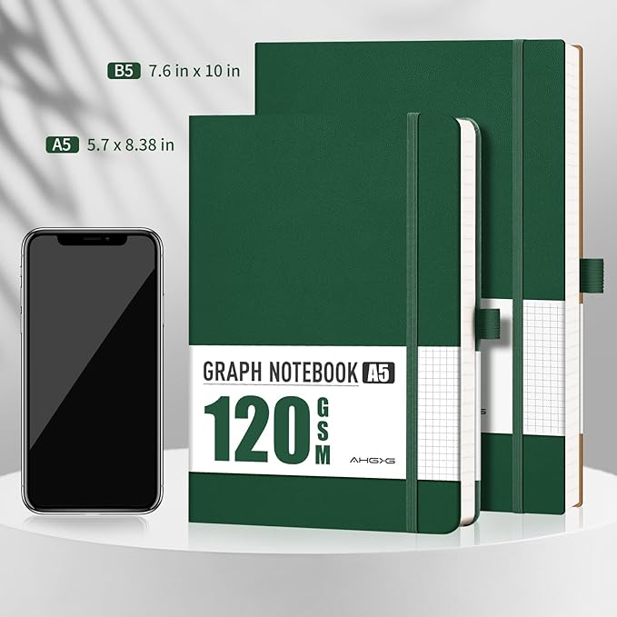 AHGXG Graph Paper Notebook - Grid Notebook Journal, 120 GSM Thick Graph Paper, Large B5 Notebook 96 Pages, Leather Softcover, for Graphing, Writing, Math, Engineering, 7.6'' X 10'' - Green-DeskLoop Office