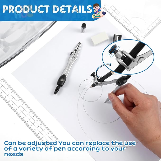 Teling 12 Sets Math Geometry Kit for Students 10 Pcs Compass Geometry Tools Set Includes Rulers Protractor Compass Eraser Pencil Sharpener Lead Refills Pencil (Black)-DeskLoop Office