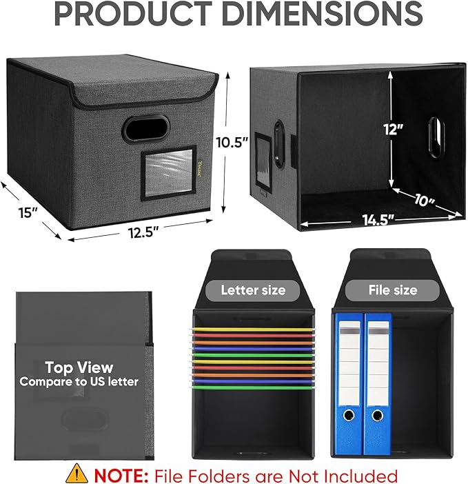 BALEINE File Organizer Box with Lid, Collapsible File Folder Organizer with Plastic Slide, Hanging File Folder Box for Office Document Storage (2 Pack, Black)-DeskLoop Office