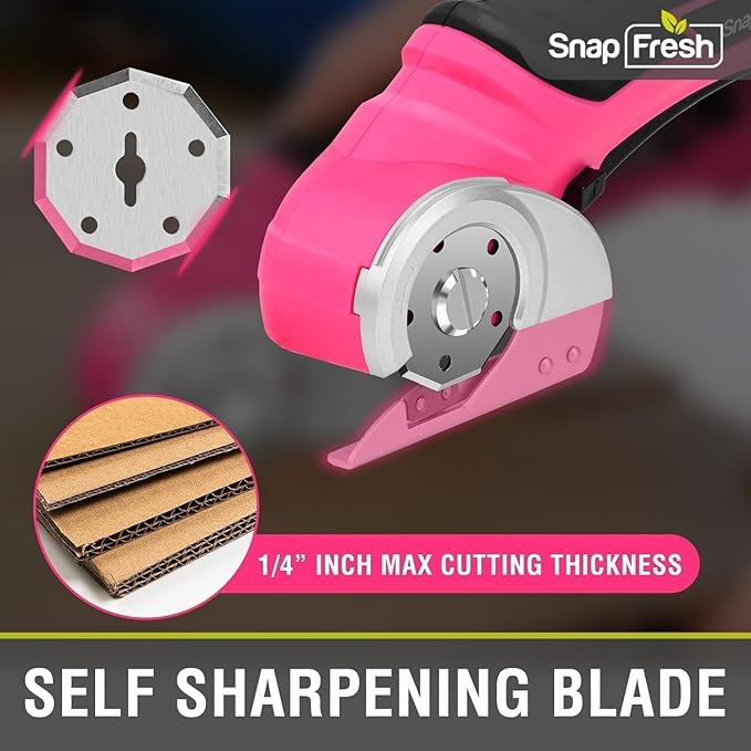 SnapFresh Cordless Electric Scissors- 4V Mini Cardboard Cutter for Boxes, Carpet, Paper – Rotary Cutter for DIY Projects, Safety Box Cutter with Battery & Type-C Cable(Hot Pink)-DeskLoop Office