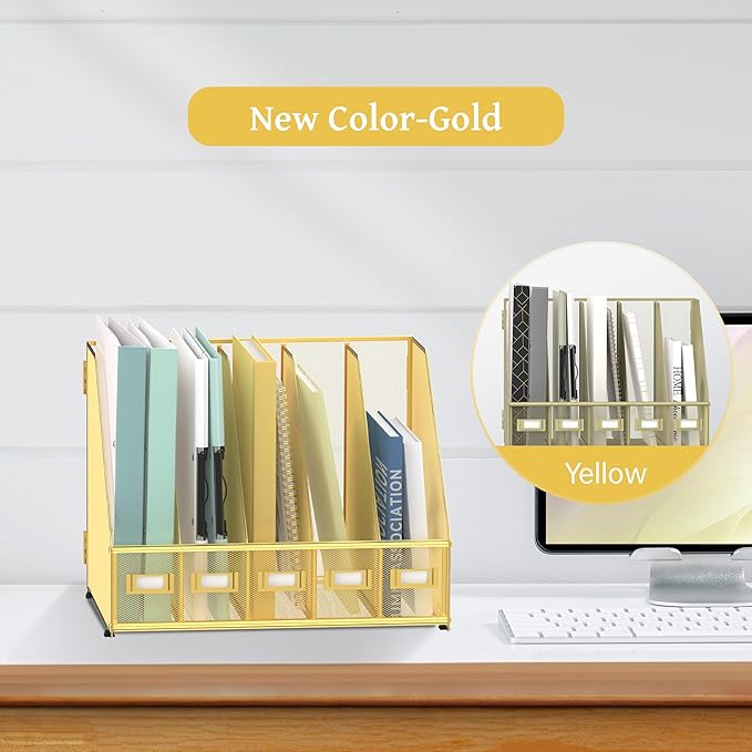 SUPEASY Desk Organizers Metal Desk Magazine File Holder with 5 Vertical Compartments Rack File Organizer for Office Desktop, Home Workspace, Gold-DeskLoop Office
