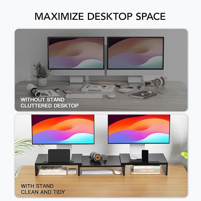 HUANUO Dual Monitor Stand Riser, Adjustable Monitor Stand for Desk with 2 Slot, Desktop Organizer Stand for 2 Monitors, Multi-Purpose Desk Shelf Monitor Stand Riser for Computer, Laptop, PC, Black-DeskLoop Office