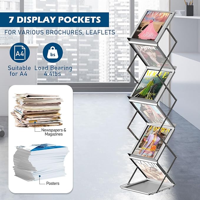6 Pockets Foldable Aluminum Magazine Rack - Brochure Display Stand, Brochure Catalog Literature Display Stand with Carrying Bag for Exhibition, Trade Show, Office, Retail Store-DeskLoop Office