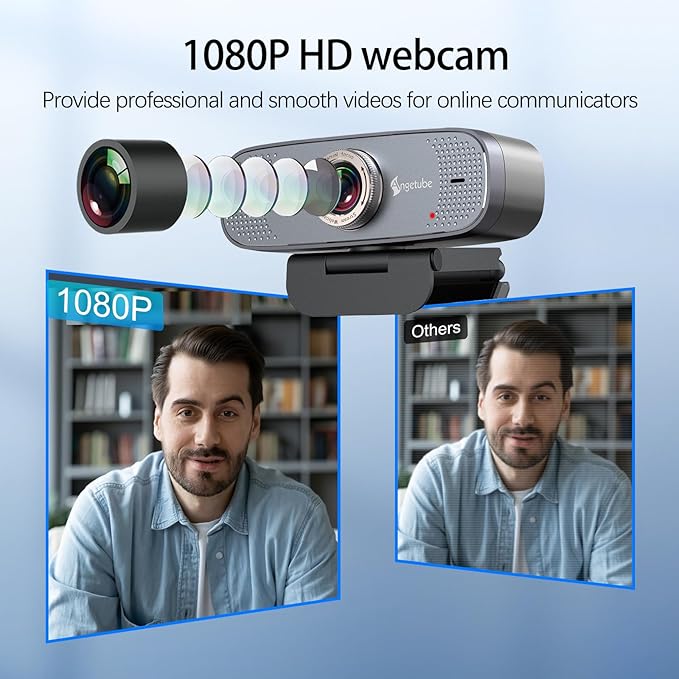 Angetube 1080P HD Webcam with Privacy Shutter Dual Noise-Cancelling Mic PC Camera Webcams, Wide 90° View, USB Plug & Play for Video Conferencing, Streaming, Zoom/Skype/YouTube for PC/Desktop/Laptop-DeskLoop Office