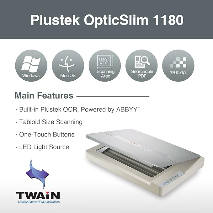 Plustek OS1180 - Flat Scanner for Graphics and Documents in A3 Format, Design Suitable for Libraries, Schools or Small Offices - Scanning A3 Documents in Approximately 9 Seconds-DeskLoop Office