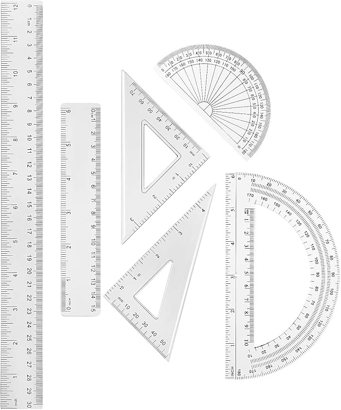 Tenare 1 Set Plastic Clear Math Set Includes Protractor Triangle Rulers 12 Inch 6 Inch Straight Geometry Math Transparent Ruler Measuring Tool for School Office Home Supplies(Clear)-DeskLoop Office