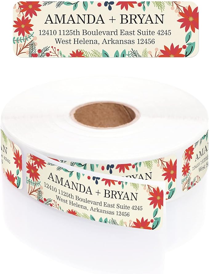 Ivory Holiday Floral Rolled Address Labels/Roll of 500 Personalized Return Address Labels/Designer Return Address Stickers in Elegant Plastic Dispenser-DeskLoop Office