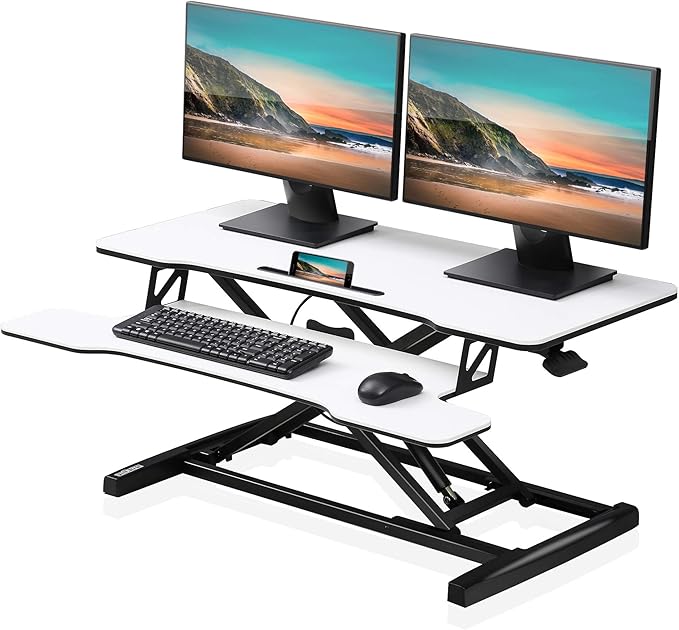 FITUEYES Height Adjustable Standing Desk 36” Wide Sit to Stand Converter Stand Up Desk Tabletop Workstation for Dual Monitor Riser FSD309103WW-DeskLoop Office