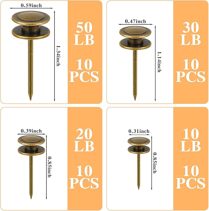 Ferraycle 40 Piece Double Headed Picture Hangers Nails 4 Size Long Thumb Tacks for Wall Hanging Decorative Nails Push Pins Picture Hooks for Drywall Photo Decor, 10/20/ 30/ 50lb(Bronze)-DeskLoop Office