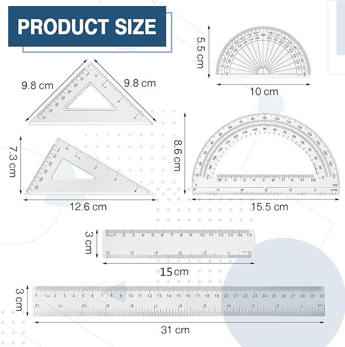 Tenare 1 Set Plastic Clear Math Set Includes Protractor Triangle Rulers 12 Inch 6 Inch Straight Geometry Math Transparent Ruler Measuring Tool for School Office Home Supplies(Clear)-DeskLoop Office