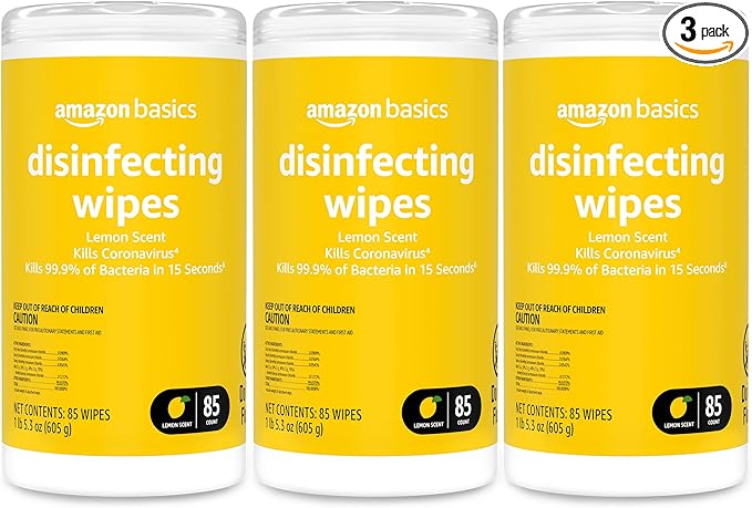 Amazon Basics Wipes, Lemon Scent, for Sanitizing, Cleaning & Deodorizing, 255 Count (3 Packs of 85)-DeskLoop Office