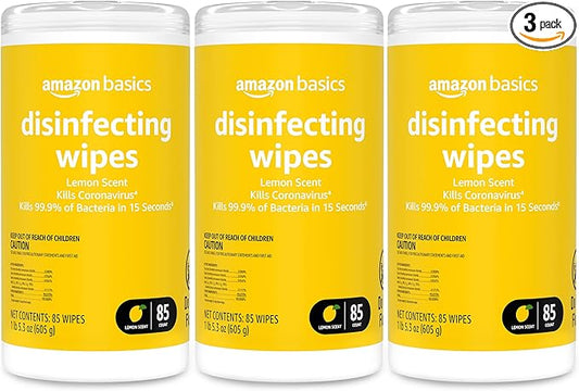 Amazon Basics Wipes, Lemon Scent, for Sanitizing, Cleaning & Deodorizing, 255 Count (3 Packs of 85)-DeskLoop Office