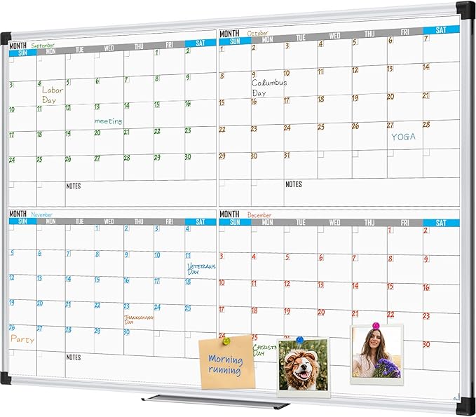 XBoard Magnetic Calendar Whiteboard 48" x 36" - 4 Month Colorful Calendar Dry Erase Board for Monthly Planning, Silver Aluminium Framed-DeskLoop Office