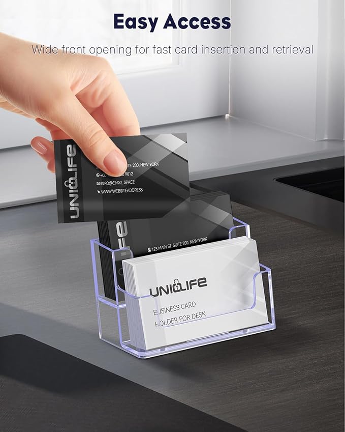 Uniclife Acrylic Business Card Holder for Desk 2 Slots Clear Business Card Display Stand for Men & Women Desktop Business Card Organizer Card Stand for Office Home Exhibition, 120 Card Capacity-DeskLoop Office