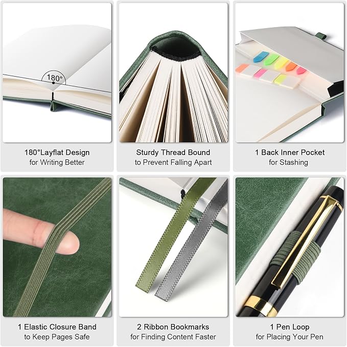 Graph Paper Notebook, 312 Numbered Pages Large A5 Hardcover Leather Journal, 100gsm No Bleed Grid Paper Notebook with Index Pages, Grid Notebook for Graphing Notes Math, 5.75" x 8.38", Green-DeskLoop Office