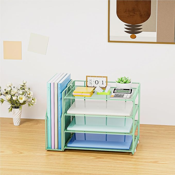 Marbrasse Desk Organizer and Accessories,4-Tier Paper Letter Tray Organizer with File Holder,Desk Accessories & Workspace Desktop Organizers for School Home Office Supplies (Green)-DeskLoop Office