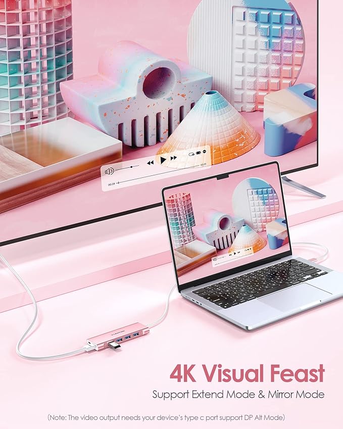 LENTION 3.3FT Long Cable USB C Multiport Hub with 4K HDMI, 4 USB 3.0, Type C Charging Compatible 2023-2016 MacBook Pro, New Mac Air/iMac/Mac Mini, More, Stable Driver Adapter (C35-1M, Rose Gold)-DeskLoop Office