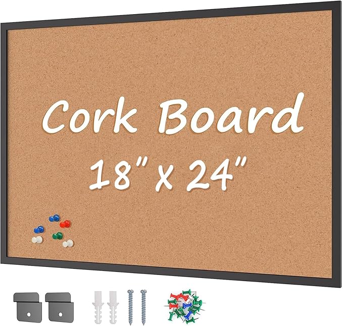 Board2by Cork Board Bulletin Board 24“ x 18”, Black Wood Framed Corkboard, Office Board for Wall Cork, Large Wall Mounted Notice Pin Board with 16 Push Pins for School, Home & Office-DeskLoop Office
