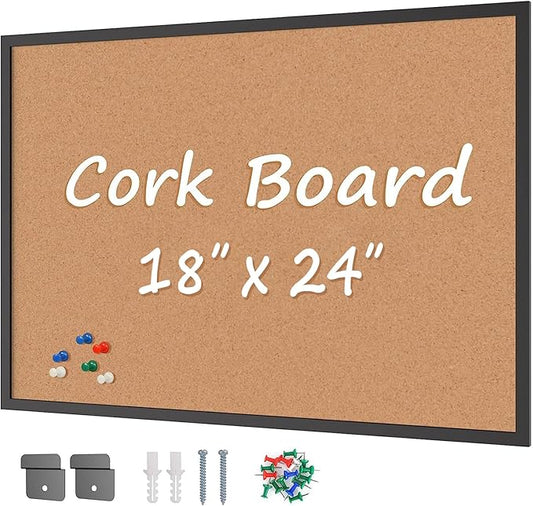 Board2by Cork Board Bulletin Board 24“ x 18”, Black Wood Framed Corkboard, Office Board for Wall Cork, Large Wall Mounted Notice Pin Board with 16 Push Pins for School, Home & Office-DeskLoop Office
