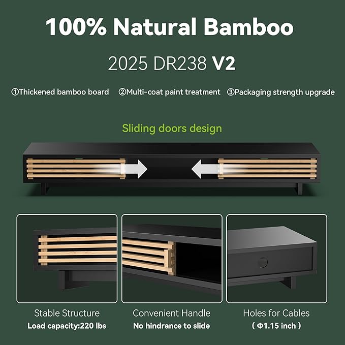 Dual Monitor Stand Riser with Sliding Door, Double Computer Laptop Stand Desk Shelf Organizer with Storage (Black + Natural Bamboo, 38 Inch)-DeskLoop Office