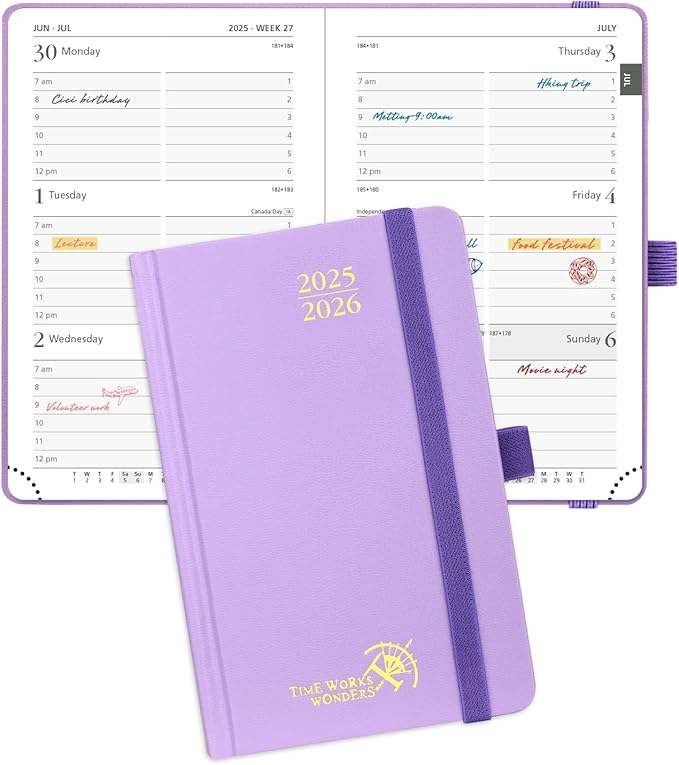 POPRUN Pocket Planner 2025-2026, (Purse Size 4''x 6.25'' Hard Cover) Academic Year Calendar Daily Weekly and Monthly (July 25-June 26) with Hourly Time Slots, 100 GSM Paper - Violet-DeskLoop Office