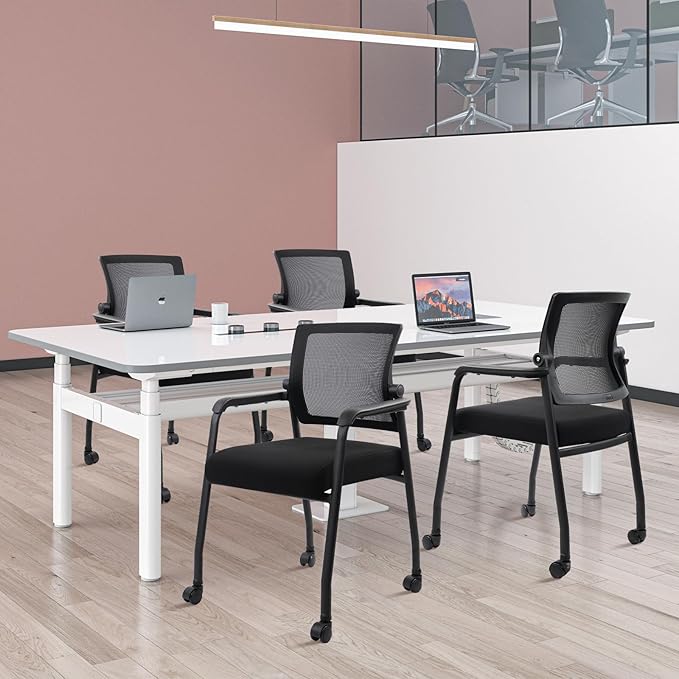 Waiting Room Chairs with Wheels, Adjustable Mesh Backrest, Desk Chair with Ergonomic Lumbar Support and Thickened Seats Cushion, 2 Pack Black-DeskLoop Office