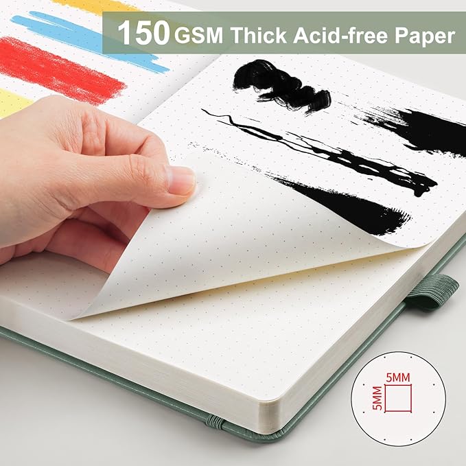 AHGXG Bullet Dotted Journal - 150 GSM Dot Grid Notebook Journal, Thick Acid-Free Paper, A5 Dotted Notebook 128 Pages, Leather Hardcover, Inner Pocket, Journal Stencil, 5.7'' × 8.3'' - Sage Green-DeskLoop Office