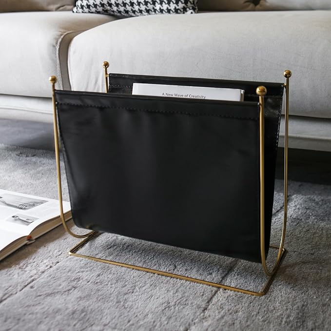Black Leatherette Magazine Rack Holder, with Metal Ball Bracket,Modern Fashion Style for Books,Newspapers,Home Staging,Bedroom,Hotel,Offices and Living Rooms-DeskLoop Office