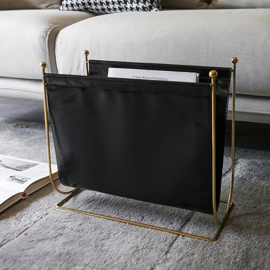 Black Leatherette Magazine Rack Holder, with Metal Ball Bracket,Modern Fashion Style for Books,Newspapers,Home Staging,Bedroom,Hotel,Offices and Living Rooms-DeskLoop Office