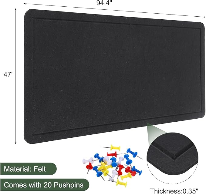 YOKIVE Felt Bulletin Board, 94.4 x 47 -Inch Foldable Decorative Pin Board Self Adhesive Felt Cork Board with 20 Pushpins, Great for Wall, Photo Display, Paste Note, Schedule(Black)-DeskLoop Office