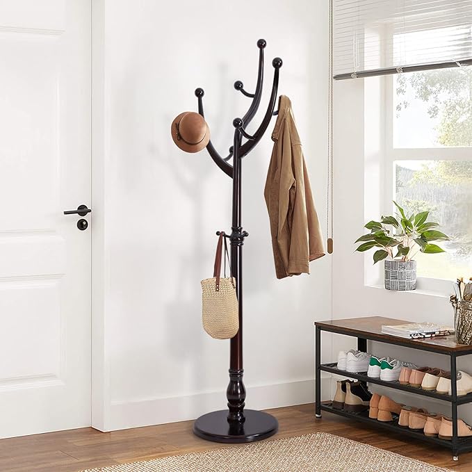 Coat Rack Tree Freestanding with Hooks, Heavy Duty Standing Wood Coat Rack with Solid Round Base, 74” Tree Shaped Coat Hanger Stand for Clothes, Hat, Jacket, Entryway Bedroom, Red Brown-DeskLoop Office