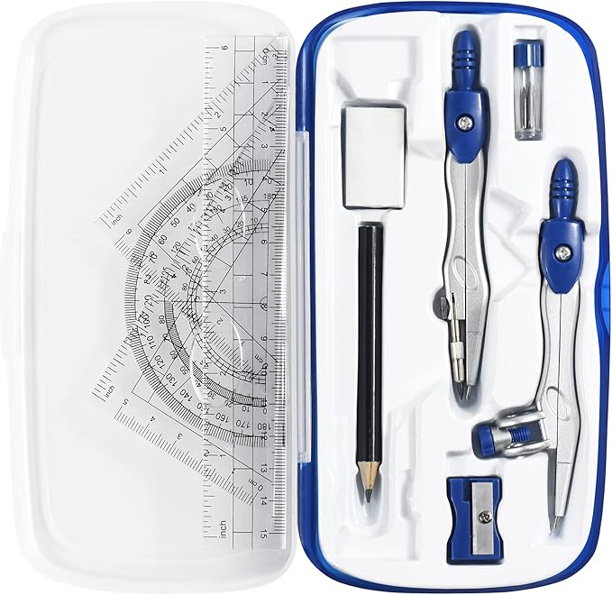 Math Geometry Kit Sets 10 Piece Student Supplies with Shatterproof Storage Box,Includes Rulers,Protractor,Compass,Eraser,Pencil Sharpener,Lead Refills,Pencil,for Drafting(Navy Blue)