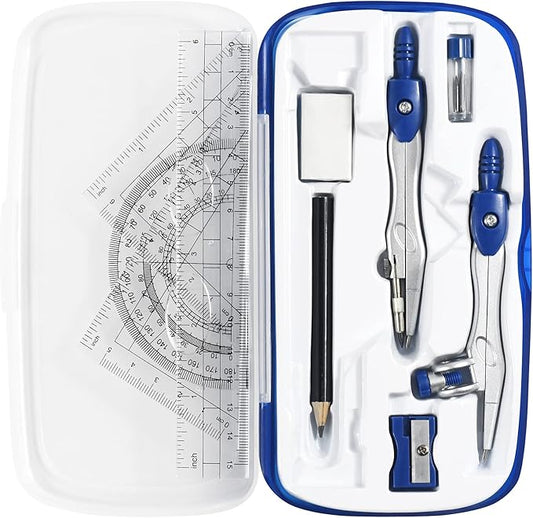 Math Geometry Kit Sets 10 Piece Student Supplies with Shatterproof Storage Box,Includes Rulers,Protractor,Compass,Eraser,Pencil Sharpener,Lead Refills,Pencil,for Drafting(Navy Blue)-DeskLoop Office